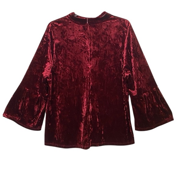 Ellos Crushed Velvet Bell Sleeve Top Red Wine Size 18/20 Stretch Mock Neck Y2K - Picture 2 of 9